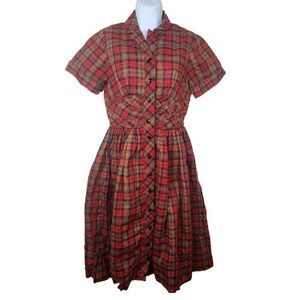 Vintage 40s 50s Vicky Vaughn Day Dress Womens S Red Plaid Button Front Fit Flare